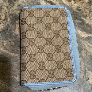 Gucci Monogram Dollar Calfskin Zip Around Compact Wallet Beige Ebony